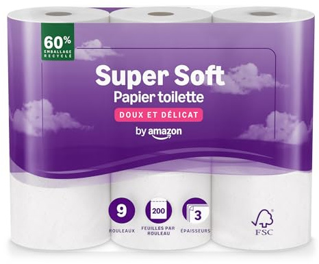 by Amazon Papier Toilette, 3 Épaisseurs Matelassé, Doux et Soyeux, 9 Rouleaux (1 Paquets de 9), 200 Feuilles par Rouleau, Certifié FSC