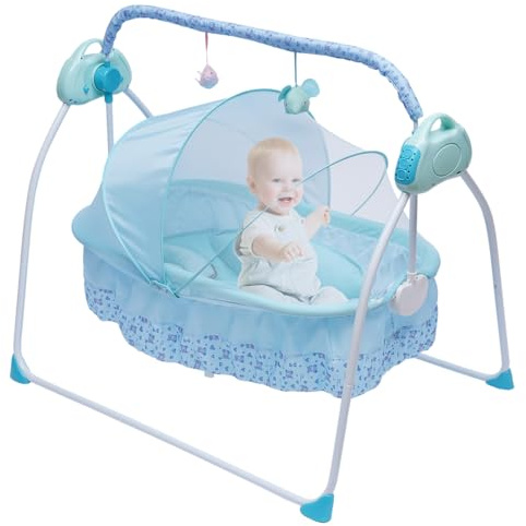 ÉLectrique Bluetooth Intelligent Lit Cododo Bebe, Lit BéBé ÉLectrique, BalançOire Automatique, Lit BéBé 5 Vitesses, Fonction De Minuterie, BalançOire Avec Jouets Moustiquaire, Pour 0 à 18 Mois (Bleu)