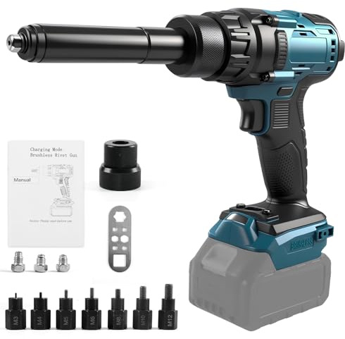 Remachadora y tuercas pistola a batería en 1 para Makita 18V (sin batería) | Pistola remachables eléctrica portátil, con tuercas M3, M4, M5, M6, M8, M10, M12, 4 adaptadores y luz LED