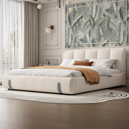 BTM Double Bed, Upholstered Double Bed with Soft Headboard, MDF+Velvet+Plywood, White, 4ft6-135x190cm(No Mattress)