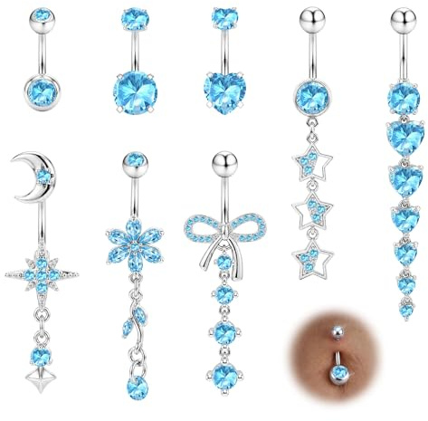Milacolato Lot de 8 Piercing Nombril – 3 Tiges Courtes + 5 Piercing Nombril | Acier Chirurgical Hypoallergénique, Or & Argent, Pendant Bijoux de Nombril pour Femme (Cœur Papillon Fleur Étoile)