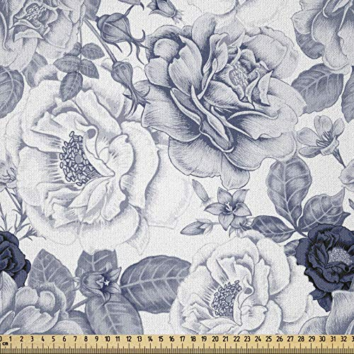 ABAKUHAUS Shabby Chic Stoff als Meterware, Garden Spring Roses, Microfaser Multi Zweck Dekostoff für Kunsthandwerke, 3M (230x300cm), Blau grau und Weiß