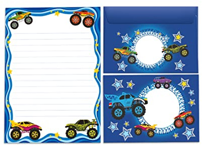 Brevpappersset, brevblock med kuvert för barn, monstertruck bil för pojkar och pojkar (lock A5 med 25 ark + 15 kuvert)