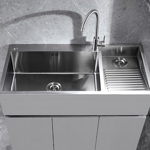 Fregadero de cocina de acero inoxidable con tabla de lavado, para el hogar, piscina, balcón, habitación, lavabo, fácil de limpiar, doble tazón (con grifo, 800 mm)