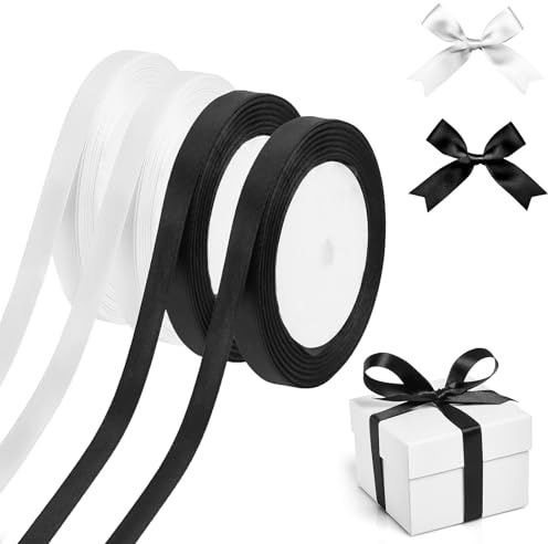 Haocjanc 4 rullar satinband, 2 färger, 10 millimeter x 22 meter, svart och vit, dekoration, presentsnöre, polyesterfiber band för bröllop, födelsedagar och begravningar
