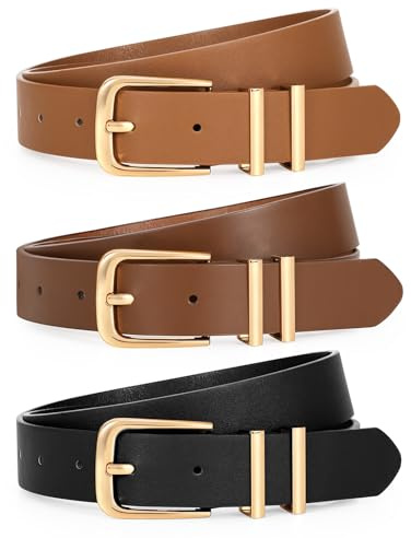 WERFORU Lot de 3 Ceintures Femme en Cuir Ceinture Mode Réglable pour Femme avec Boucle Dorée pour Jeans Robes Pantalons,Noir/Marron/Café