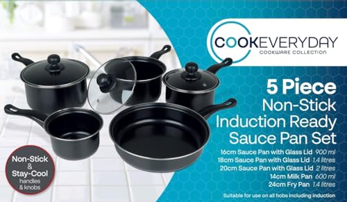 COOKEVERYDAY Induction Ready Saucepan Set, 5 Piece | Non-Stick, Carbon Steel, With Lids