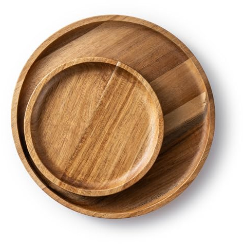 Holztablett Rund,Servierplatte,2er Set,Serviertablett Holz Tablett Schlemmerplatte, Küchentablett Servierplatte Frühstückstablett für Buffets, Picknicks,Couchtisch, Küchen Deko Bett Käse, Party Runden