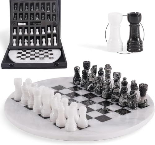 EarthenTones Set de Jeu d'échecs en marbre pour Adultes, échiquier Noir océanique et rayé, 30,5 cm, Fait à la Main, avec boîte de Rangement et 2 Reines supplémentaires, Jeu Classique pour 2 Joueurs