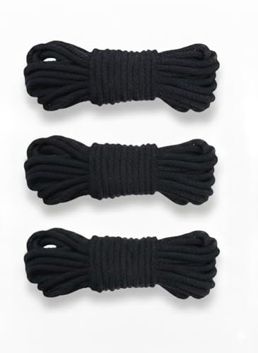 3 cuerdas de algodón de 8 mm de diámetro – 10 m por rollo, cuerda de algodón trenzado suave y anudada, color negro