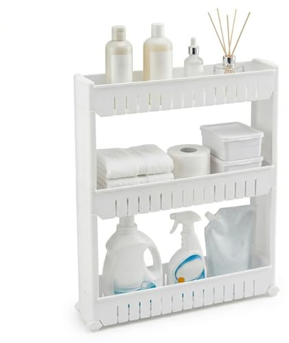 SUNNYNEST 3 Tier Storage Trolley on Wheels Slim Narrow Rolling Storage Cart | with Sliding Shelves Space Saving Storage Unit for Kitchen, Bathroom, Bedroom and Office Slim Narrow Rolling Storage Cart