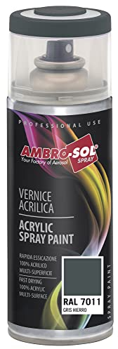 AMBRO-SOL - Pintura acrílica en spray, color Gris Hierro, RAL 7011, resultado profesional en múltiples superficies, exteriores e interiores, 400 ml, El embalaje puede variar