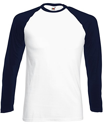 FOTL Long Sleeve Baseball Tee T-Shirt Sport Homme, Blanc/Bleu Marine Profond, Large