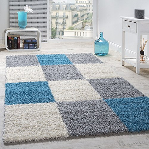 Paco Home Alfombra Shaggy Pelo Alto Pelo Largo De Cuadros En Blanco Gris Azul, tamaño:160x220 cm