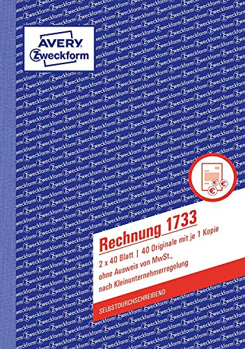 Avery Zweckform 1733 Rechnung Kleinunternehmer (A5, selbstdurchschreibend, 2x40 Blatt) weiß/gelb 5er Pack