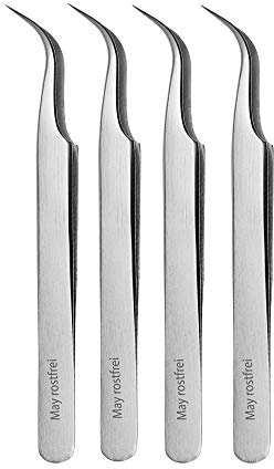 May - Set - 4X Zeckenzange für Hund & Katze - Zeckenpinzette - Pinzette zum Zecken entfernen - Gebogene Spitze - Edelstahl