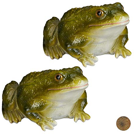 Relaxdays 2 x Gartenfigur Frosch, wetterfest, für Balkon, Terrasse, am Teich, Kunststein, sitzende Dekofigur Frosch, grün