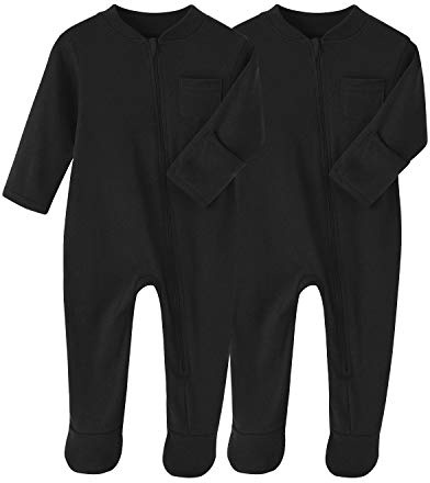 BINIDUCKLING Pyjamas unisex pour nourrisson Lot de 2 Combinaisons à fermeture éclair avec pieds Tenue douillette Bodysuits pour nouveau-né Vêtements pour bébé en coton uni 0-12 mois, Noir , 0-3 mois