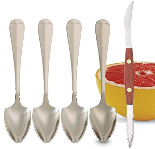 HIC Harold Import Co. 5 Pc Kitchen Grapefruit Spoons and Squirtfree Grapefruit Knife Set includes 4 Spoons with Pointed Tip and Serrated Edge and 1 Twin-Blade Serrated Sectioning Knife