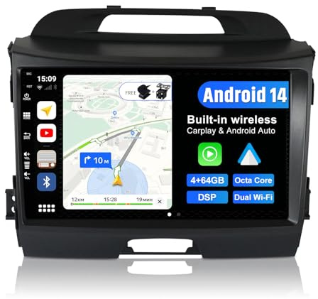 JOYX Android 12 bilradio med 2,5D passar Kia Sportage (2010–2015) – [4G 64G] – inbyggd DSP/Carplay/Android bil – LED-kamera MIC gratis – 9 tum – med rattstyrning 4G WiFi Bluetooth DAB