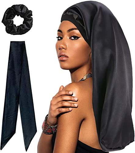 Long Bonnet en Satin, Bonnet de Nuit avec Large Bandeau élastique, , en Soie pour Dormir, Couvre-Chef Doux pour Dormir, Chapeau