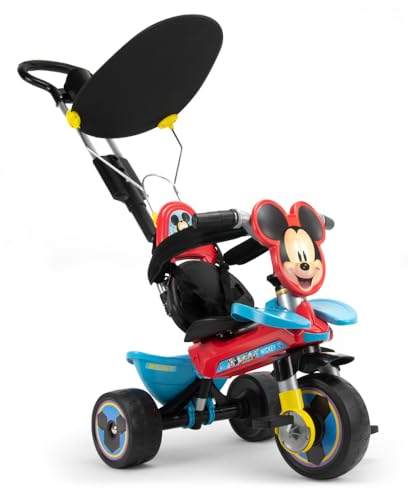 INJUSA - Evolutionäres Dreirad Sport Baby Mickey Mouse, für Kinder von 10-36 Monaten, Sonnenschirm, Bogen und Sicherheitsgurt, elterlicher Kontrollgriff, Farbe Blau
