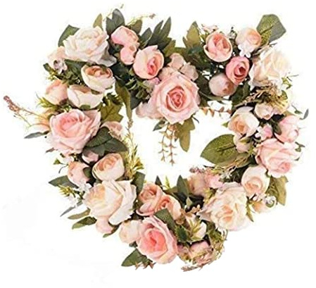 Sommar dörrkrans, konstgjord blomkrans ros blomma hjärta krans pion blommor girlang krans för hem ytterdörr vägg bröllopsdekor, rosa 33 cm