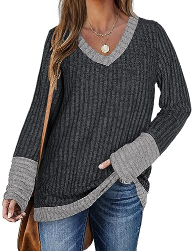 DUOEASE Pull Femme Elegant Col en V Décontracté Women Sweater Automne Chic Top(Épissage Gris,XL)