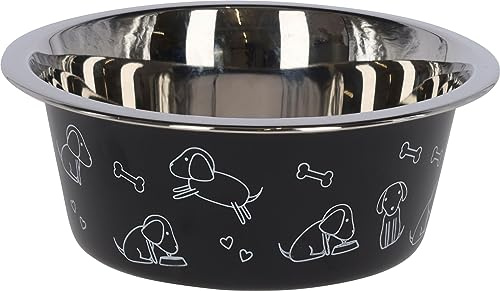 Kerbl Pet Bol en Acier Inoxydable, gamelle pour Chien, Noire, 900ml, pour Nourriture et Eau, Lavable au Lave-Vaisselle, Robuste, avec Motif