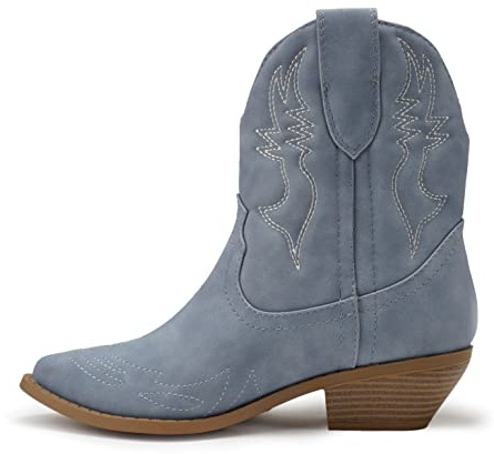 Soda Women Cowgirl Cowboy Western Stitched Ankle Boots Pointed Toe Short Booties Rigging-S (Nubuck Dusty Blue, 5.5)