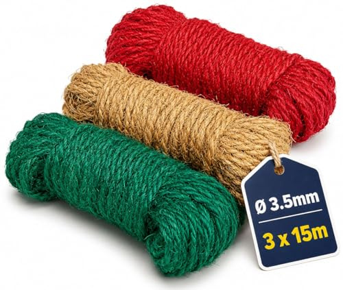 deli4you Kokosseil bunt Dekoband Dekoschnur Bastelschnur Set oder Dekoseil in den klassischen Farben rot grün braun Gartendeko Naturfaser 3.5 mm, 3 x 15m