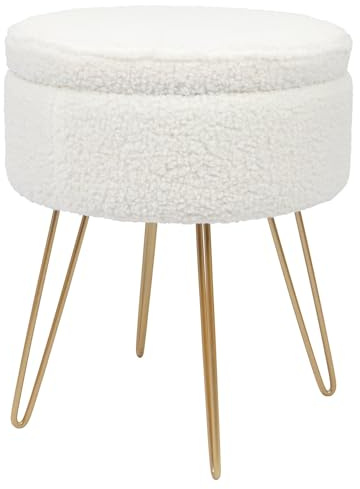 Harbour Housewares Boucle Round Foot Stool with Storage - Cream with Gold Legs - Modern Dressing Table Pouffe Footstool Vanity Chairs Footstools for Living Room