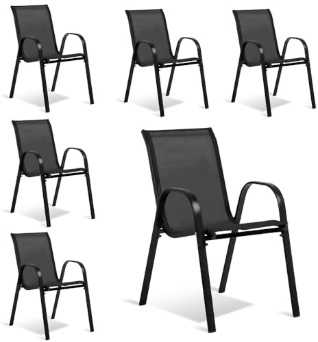 TERRE JARDIN - Chaises de Jardin, Lot de 6 - Chaises Empilables - Noires, en Textilène Haute Densité pour Extérieur - Confortables et Design - Unité - Noir