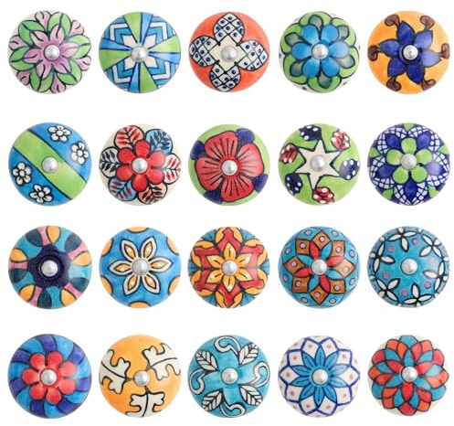 GlobeeCraft Boutons de tiroir Vintage en Céramique - Bouton de Porte Cuisine, Commode, mueble enfant et port placard - Boutons en ceramique pour Meubles et Portes, lot de 20 boutons colorés