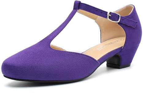 MAIERNISI JESSI Women's T-Strap Low Chunky Heel Mary Jane Pumps Cut Out Wedding Dress Shoes, Purple Suede, 9 UK