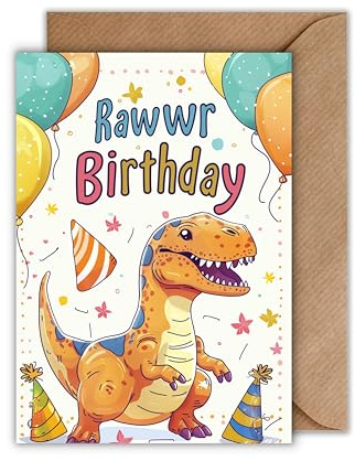 WBdesignz Lustige Dino Geburtstagskarte für Kinder mit Umschlag – T-Rex mit Partyhut & Luftballons im bunten Comic-Stil – „Rawwr Birthday“ Karte für Jungs & Mädchen (DIN A6)