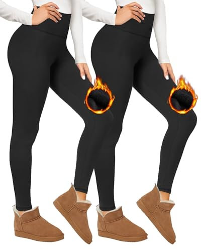 TNNZEET 2 Pack Thermal Leggings Women UK Fleece Lined Pants High Waisted for Gym Yoga in Winter(Black,S-M)