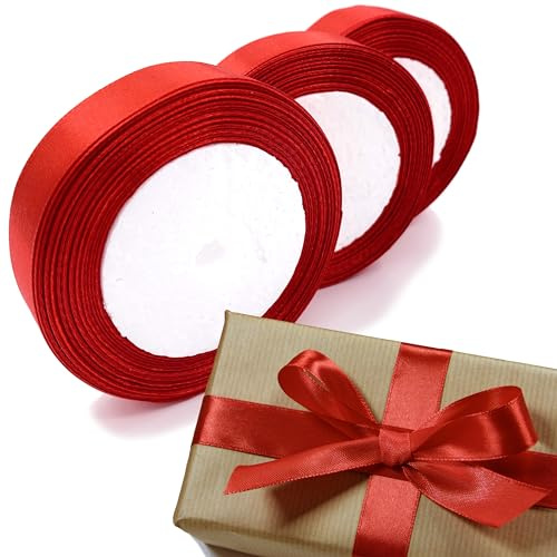 LLMtn 66 Metros 3 Rollos de Cinta de Raso Roja de 2 cm x 22 m, Cinta Decorativa Ancha, Cinta de Tela para Bodas, Color Rojo, para Regalos de Bautizo y Cumpleaños