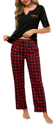 Bresdk Pyjamas, dam, kortärmad, pyjamasöverdelar, långa pyjamasbyxor, nattkläder, röd svart, S