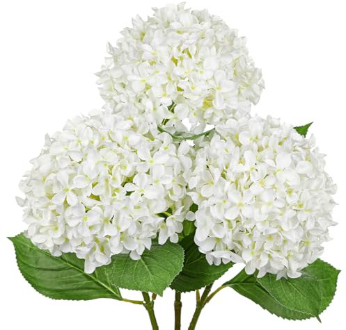 Arborus 3PCS Artificial Hydrangea Flowers 26.3 Long Stem White Hydrangea Artificial Flowers Realistic Faux Hydrangeas with 6.6 Large Bloom Fake Silk Flower for Home Wedding Table Centerpiece Decor