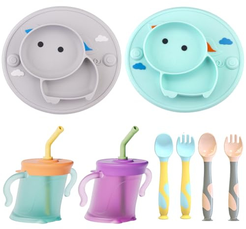 Qshare Baby Teller Kindergeschirr Set,Kinder Trinklernbecher ab 6 Monate+,Rutschfest Kinder Tischset mit Saugnäpfen,Baby Teller Kleinkind Teller mit Löffel Gabel,Spülmaschinen und Mikrowellen Fest