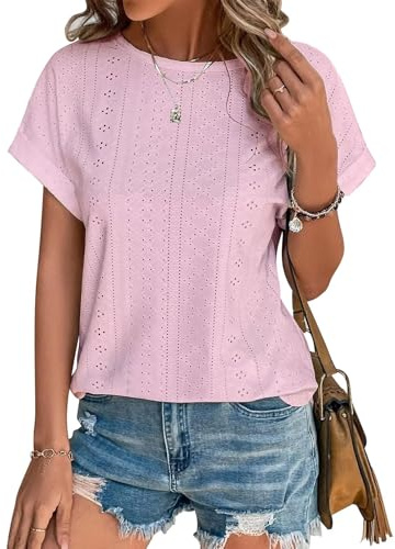 Cuptacc Camiseta Mujer Blusa Mujer Verano Elegante 2025 Moda Bordado Encaje Top Manga Corta Top Casual Túnica Casual