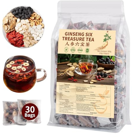 Kidney Tea Formula Ginseng Six Treasure Tea - Natural Chinese Traditional Herbal Ginseng Five Treasures Kidney Detox Cleanse Teabag For Men Women (30 Bags/1 Pack)