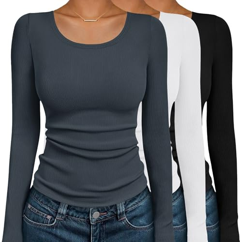 Ekouaer Women's 3 Pack Thermal Undershirts Ribbed Round Neck Tops Long Sleeve Base Layer Shirts Fitted Stretch Tshirt 2025 Trendy Black/White/Dark Grey L
