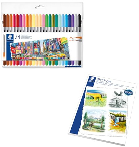 STAEDTLER 3200 Doppelfasermaler Etui mit 24 Filzstiften für breite und schmale Linien + Sketch pad A4 Skizzenblock mit hochwertigem Zeichenpapier