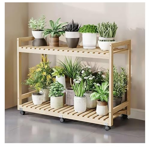 Träväxtställ Med 2 Våningar Och Hjul - Hörnblomställ För Inomhusväxter Platsbesparande Växt - Snygg Brun Design För Heminredning(Naturlig - 73,5 * 25 * 76,5 Cm)