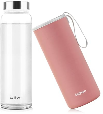 LETREEN Borraccia Vetro 1 Litro, Borraccia in Vetro Borosilicato con Custodia in Neoprene, senza BPA, a Prova di Perdite, Riutilizzabile per Bevande Calde e Fredde, Lavoro, Palestra, Casa