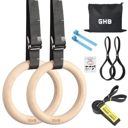 GHB Gymnastic Rings Wooden Gym Rings 32mm Olympic Rings Adjustable Straps Pull Up Rings Sets for Workout Bodyweight Fitness Training