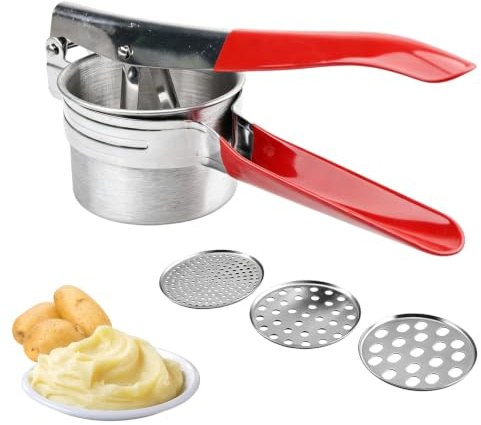 Prensa de puré de acero inoxidable con 3 tamices intercambiables - Prensa spätzle - Mango de silicona antideslizante para puré de patatas, zumos de frutas y puré de verduras