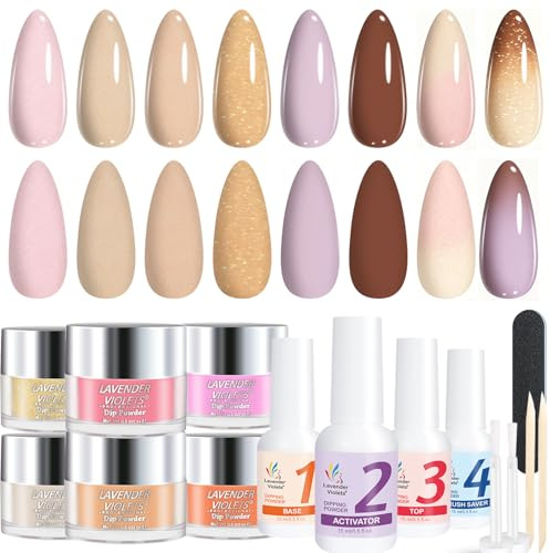 15 Pcs Dip Powder Nail Kit French Nail Art, Nude Pink Peach, Rose, Lilac, Coral Blush, No UV Lamp Needed, Long Lasting Dipping Powder Liquid Set with Base & Top Coat, Activator, Brushes Saver 01